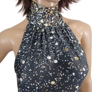 DREAVNESS Galaxy Print Halter Mock Neck Bodycon Midi Dress